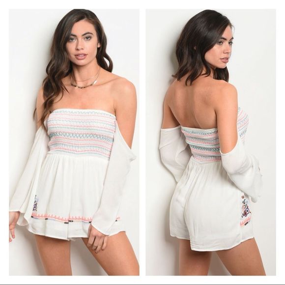 Off the shoulder embroidered bell sleeve romper - Picture 1 of 5